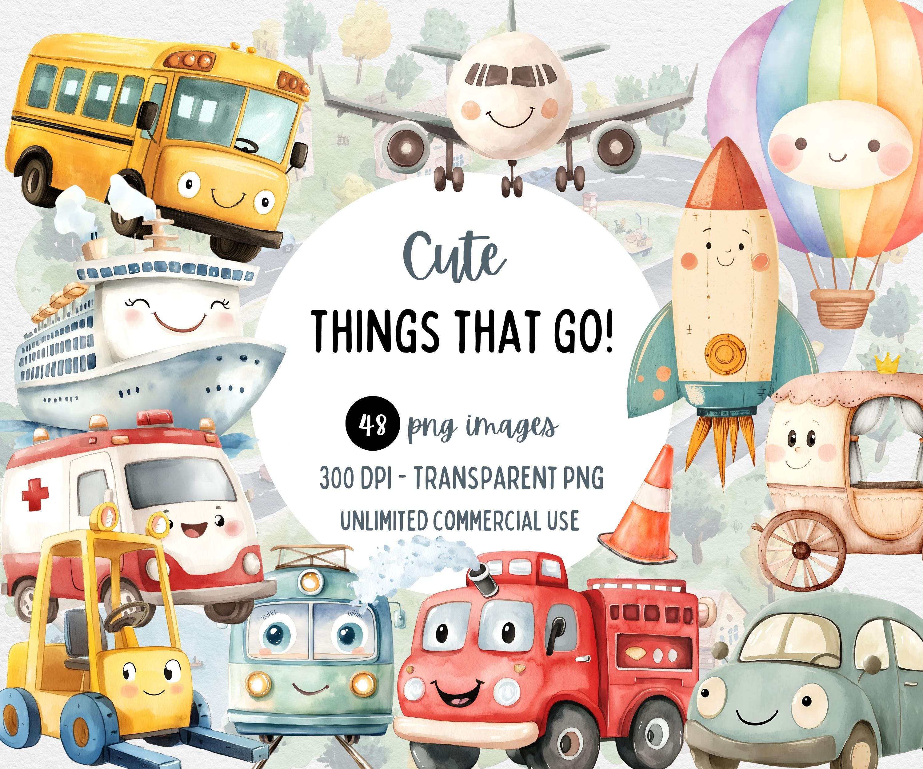 Things That Go clipart, transportation vehicles, cruise ship, watercolor cars, happy transportation, whimsical clipart, downloadable clipart