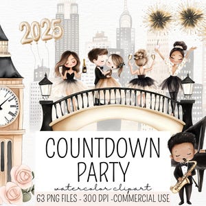 Countdown Party Clipart, aquarel clipart, png nieuwjaar 2025, schattige aquarel graphics, nieuwjaarsfeest, koppels clipart, commercieel gebruik