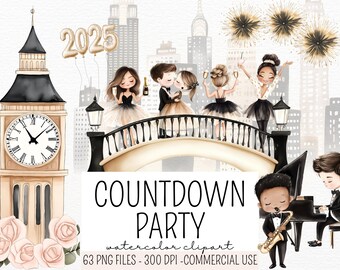 Könnte beinhalten: Aquarell-Clipart-Illustration einer Silvester-Countdown-Party mit einer Big-Ben-Uhr, einer Brücke, Feuerwerk und feiernden Menschen. Der Text 'COUNTDOWN PARTY' und '2025' sind im Bild enthalten.