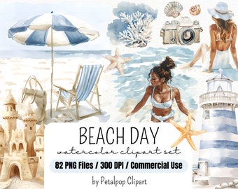 Imágenes prediseñadas de día de playa, imágenes prediseñadas de acuarela de verano, imágenes prediseñadas de océano, gráficos de playa, conchas marinas, castillos de arena, olas de playa, palmeras png, chicas de playa