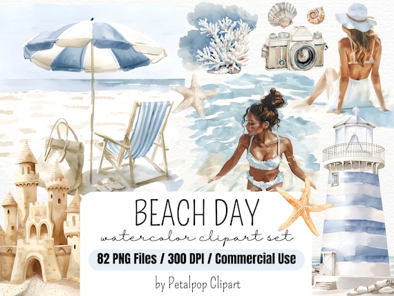 Beach Day Clipart, summer watercolor clipart, ocean clipart, beach graphics, seashell, sandcastle, beach wave, palm tree png, beach girls