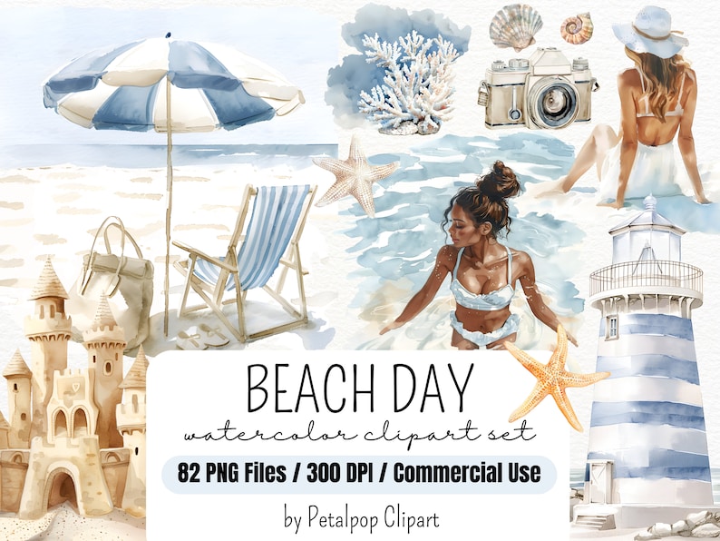 Puede incluir: Conjunto de im&aacute;genes predise&ntilde;adas de acuarela con tem&aacute;tica de d&iacute;a de playa, que incluye una silla de playa, una sombrilla, un castillo de arena, un faro, una estrella de mar, conchas marinas y dos mujeres en traje de ba&ntilde;o. El texto "BEACH DAY watercolor clipart set 82 PNG Files / 300 DPI / Commercial Use by Petalpop Clipart" est&aacute; incluido en la imagen.