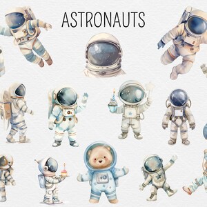 May include: A set of 12 watercolor illustrations of astronauts in various poses, including a bear wearing an astronaut suit. The illustrations are in shades of blue, white, and gray, and feature details like stars, planets, and a birthday cupcake.