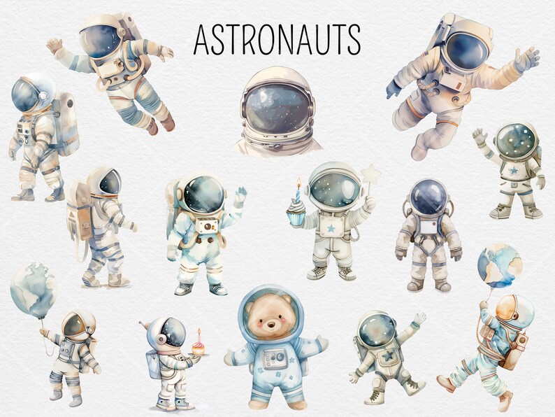 May include: A set of 12 watercolor illustrations of astronauts in various poses, including a bear wearing an astronaut suit. The illustrations are in shades of blue, white, and gray, and feature details like stars, planets, and a birthday cupcake.
