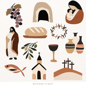 May include: A set of Easter-themed illustrations featuring a church, a crown of thorns, a loaf of bread, a tomb, a fish, a chalice, olive branches, grapes, and two vases with floral patterns.