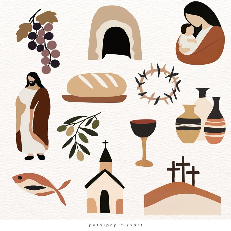 May include: A set of Easter-themed illustrations featuring a church, a crown of thorns, a loaf of bread, a tomb, a fish, a chalice, olive branches, grapes, and two vases with floral patterns.