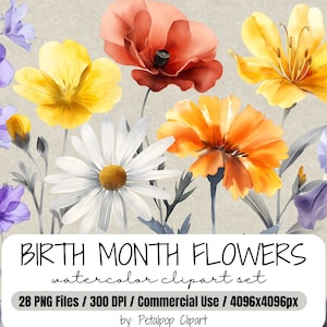 Imágenes prediseñadas de flores del mes de nacimiento, flores de acuarela, ramo de regalo personalizado, imágenes prediseñadas PNG florales, arte de flores de nacimiento, flores de cumpleaños mensuales