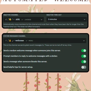 May include: A screenshot of a Discord server settings page with the title "Automated-Welcome". The page shows options for setting up an inactive channel, inactive time-out, and system messages channel. The system messages channel has options for sending a random welcome message, prompting members to reply with a sticker, sending a message when someone boosts the server, and sending helpful tips for server setup.