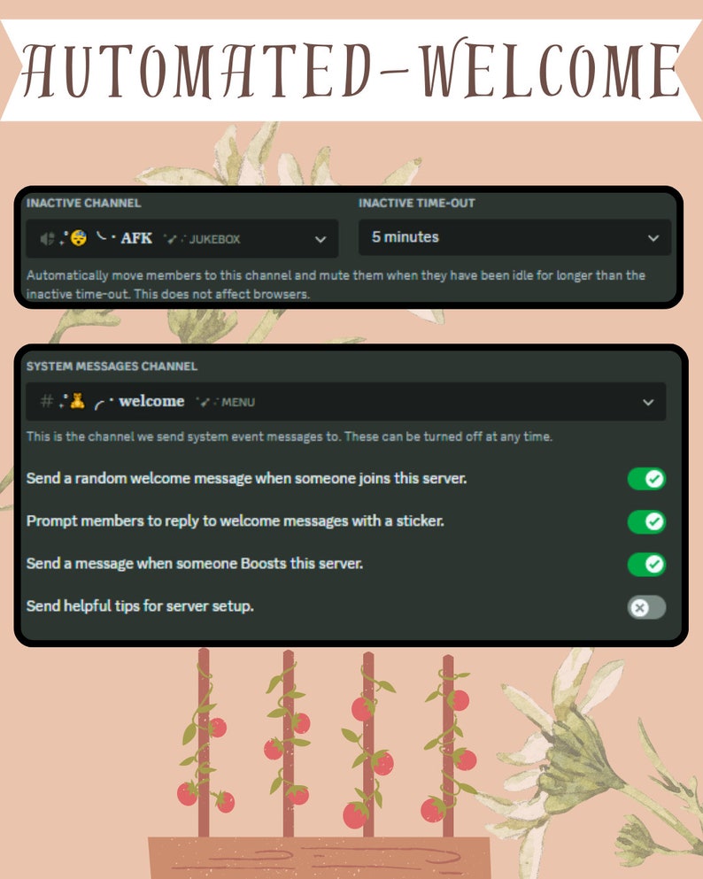 May include: A screenshot of a Discord server settings page with the title "Automated-Welcome". The page shows options for setting up an inactive channel, inactive time-out, and system messages channel. The system messages channel has options for sending a random welcome message, prompting members to reply with a sticker, sending a message when someone boosts the server, and sending helpful tips for server setup.