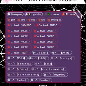 K&ouml;nnte beinhalten: Eine violette Discord-Server-Rollenliste mit &uuml;ber 55 editierbaren Rollen. Die Rollen umfassen: @everyone, girl chat, stoner, nsfw, ggd, tord, uno, cah, among us, Level 100+00, Level 9000, Level 800, Level 7000, Level 600, Level 5000, Level 4000, Level 3000, Level 2000, Level 1000, Level 100, 35+, 30-34, 25-29, 18-24, Europa, Ozeanien, Asien, Afrika, S&uuml;damerika, Nordamerika, they/them, he/him, she/her.