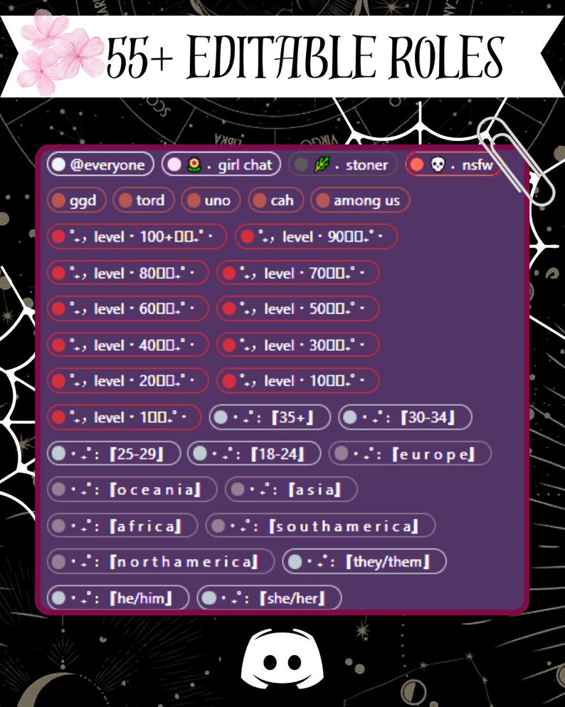 K&ouml;nnte beinhalten: Eine violette Discord-Server-Rollenliste mit &uuml;ber 55 editierbaren Rollen. Die Rollen umfassen: @everyone, girl chat, stoner, nsfw, ggd, tord, uno, cah, among us, Level 100+00, Level 9000, Level 800, Level 7000, Level 600, Level 5000, Level 4000, Level 3000, Level 2000, Level 1000, Level 100, 35+, 30-34, 25-29, 18-24, Europa, Ozeanien, Asien, Afrika, S&uuml;damerika, Nordamerika, they/them, he/him, she/her.