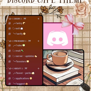 May include: A digital illustration of a Discord server theme with a cafe theme. The image features a cup of coffee on a stack of books, a pink background with a Discord logo, and a brown menu board with text that says "DOOR!" and "PIN BOARD!" with a list of options.