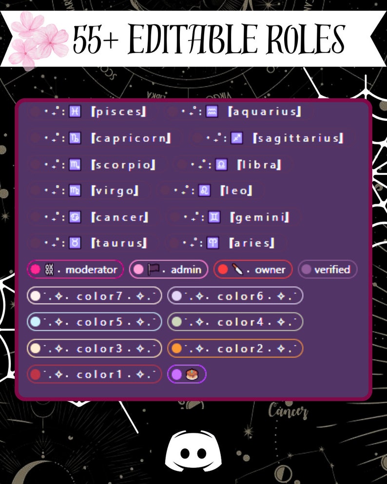 K&ouml;nnte beinhalten: Eine violette Discord-Serveroberfl&auml;che mit &uuml;ber 55 editierbaren Rollen. Die Rollen sind nach Sternzeichen und Farbe geordnet. Die Rollen umfassen: Fische, Wassermann, Steinbock, Sch&uuml;tze, Skorpion, Waage, Jungfrau, L&ouml;we, Krebs, Zwillinge, Stier, Widder, Moderator, Administrator, Besitzer, Verifiziert, Farbe 1, Farbe 2, Farbe 3, Farbe 4, Farbe 5, Farbe 6 und Farbe 7.