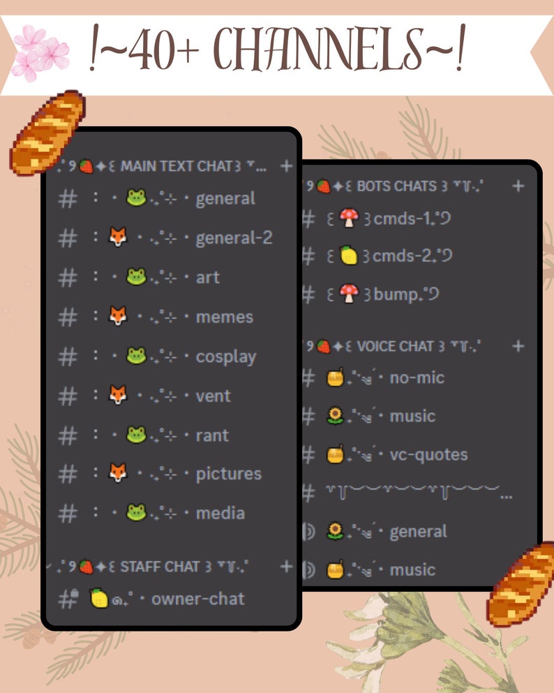 May include: A screenshot of a Discord server with over 40 channels. The channels are organised into categories: Main Text Chat, Bots Chats, Voice Chat, and Staff Chat. Each category has a different icon and colour. The server has a variety of channels, including general, art, memes, cosplay, vent, rant, pictures, media, owner-chat, commands, bump, no-mic, music, and VC-quotes.