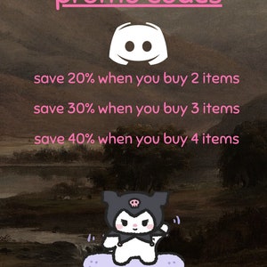 May include: A graphic with a Discord logo and text that reads "promo codes" and "save 20% when you buy 2 items, save 30% when you buy 3 items, save 40% when you buy 4 items". Below the text is a cartoon image of a black and white character riding a skateboard.