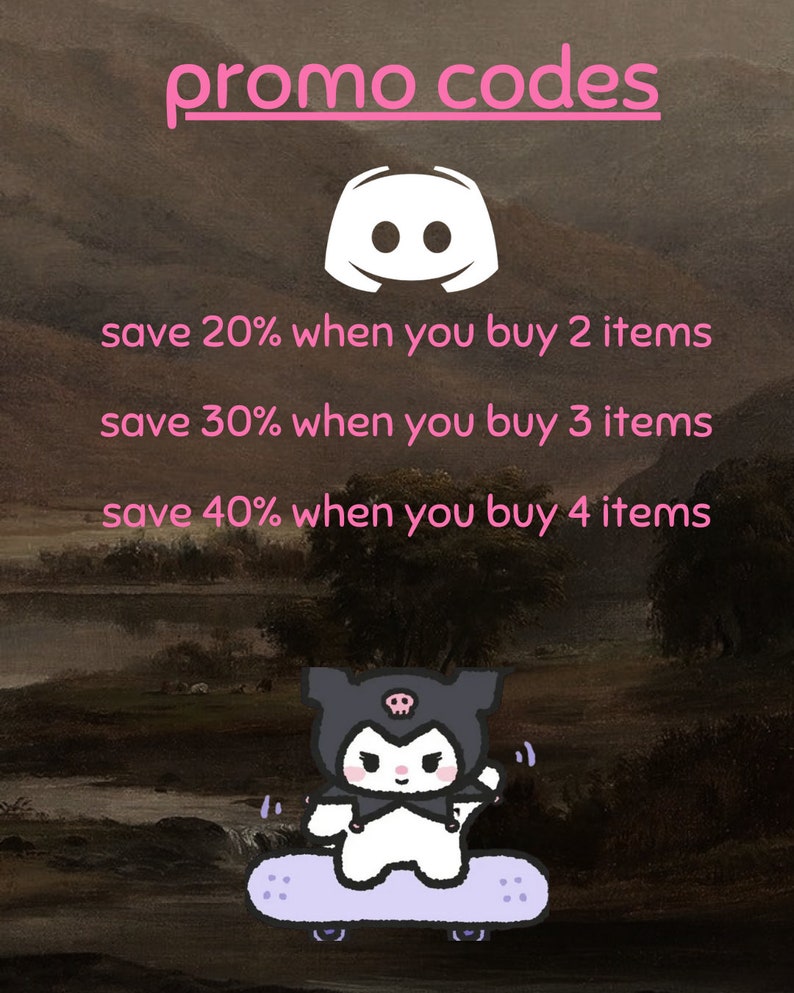May include: A graphic with a Discord logo and text that reads "promo codes" and "save 20% when you buy 2 items, save 30% when you buy 3 items, save 40% when you buy 4 items". Below the text is a cartoon image of a black and white character riding a skateboard.