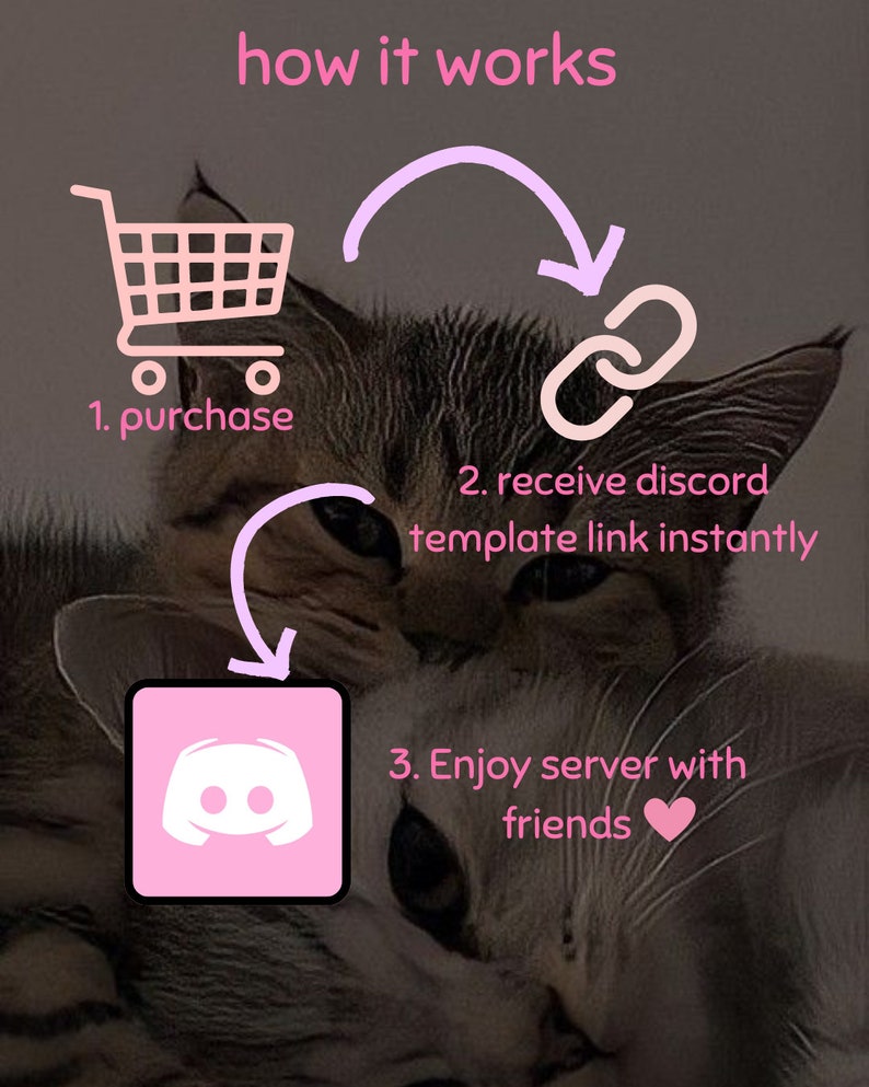 May include: Illustration showing how to purchase a Discord server template. A shopping cart icon, a link icon, and a Discord logo are shown with arrows indicating the steps. The background image is of two cats.