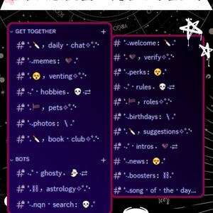 K&ouml;nnte beinhalten: Ein Screenshot eines Discord-Servers mit einer Liste von Kan&auml;len. Die Kan&auml;le sind in zwei Kategorien unterteilt: "Get Together" und "Bots". Die Kan&auml;le in der Kategorie "Get Together" umfassen "daily chat", "memes", "venting", "hobbies", "pets", "photos" und "book club". Die Kan&auml;le in der Kategorie "Bots" umfassen "ghosty", "astrology" und "nqn search".