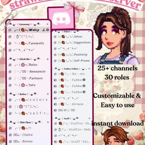 May include: A digital illustration of a strawberry-themed Discord server with a pink and white color scheme. The image features a pink Discord logo, a pixelated image of a woman with brown hair, and text that reads "strawberry discord server", "25+ channels", "30 roles", "Customizable & Easy to use", and "instant download".