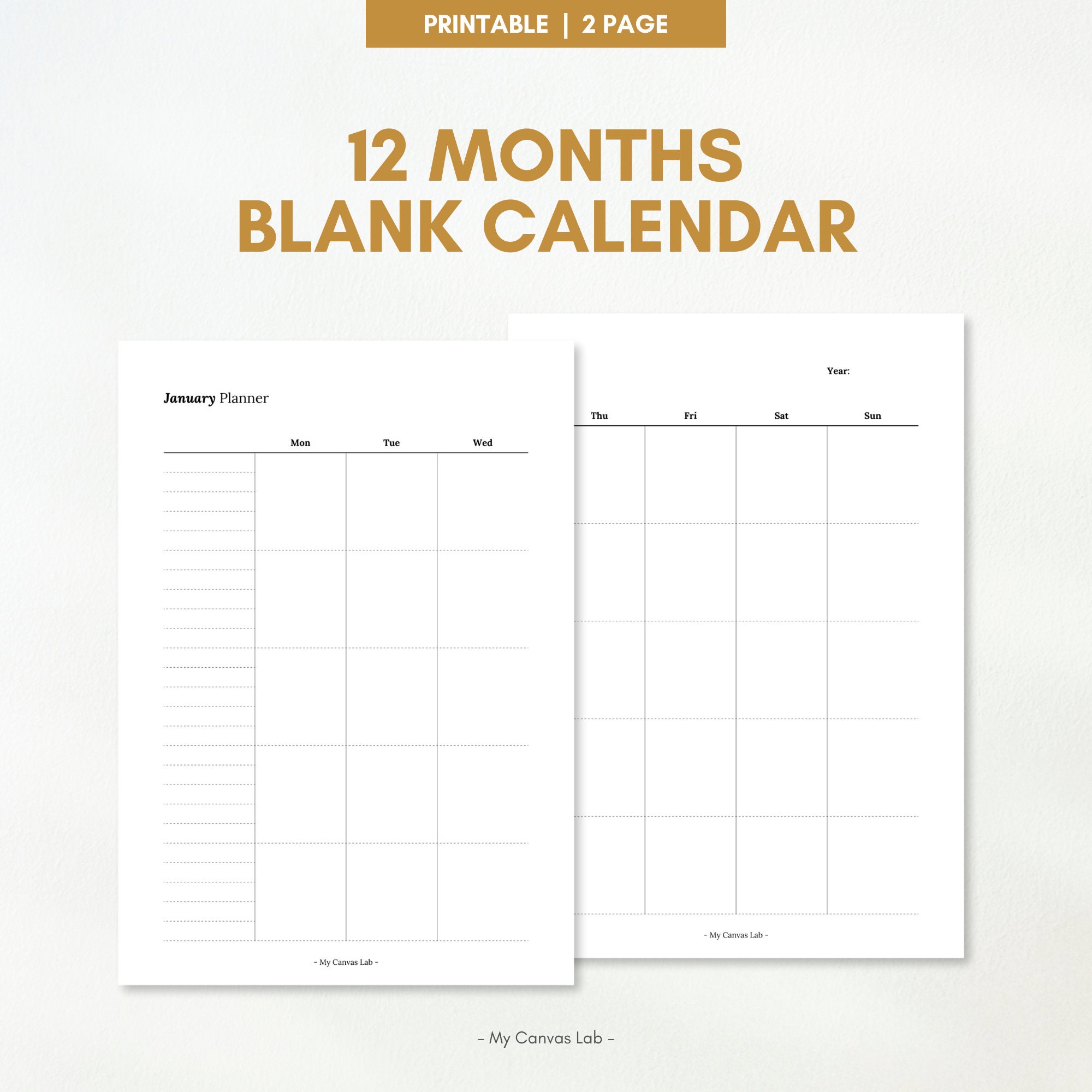 Printable 12 Months Blank Calendar Planner, Monthly Overview, Undated ...