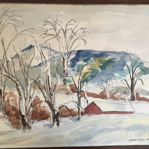 Original landscape watercolor signed Barbara Phillips, 1966, View of Pompey
