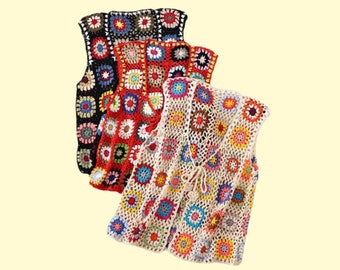 Handmade crochet vest, Knitted granny square patchwork sweater,  Boho knitted crochet top, Hippie festival boho style waistcoat gift for her