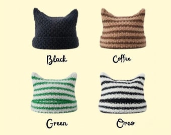 Crochet striped cat beanie handmade knitted hat y2k gift for her