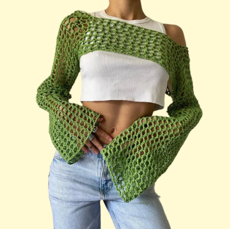 Handmade Crochet Knitted Crop Top Shrug Sleeves Mesh Bolero Jumper Top Gift for Her Etsy