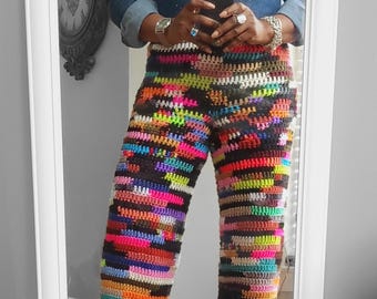 CROCHET SCRAP PANT - multi color wide leg or stacked crochet pant