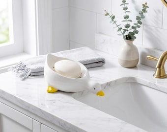 White Ceramic Duck Soap Dish Holder with Drainage – Yellow Beak Feet Bathroom Accessory