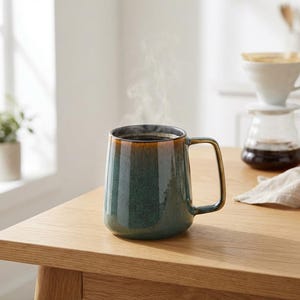 Puede incluir: Una taza de café humeante de color verde azulado con borde y asa marrones se encuentra sobre una mesa de madera. La taza está llena de café oscuro. Un vertedor de café y un paño de lino están en el fondo.