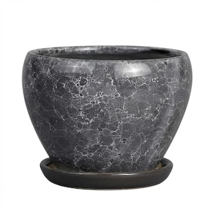Maceta de cerámica con forma de mármol negro y platillo – 16 cm (6,3 pulgadas) Decoración moderna para el hogar