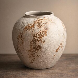 Puede incluir: Un jarrón de cerámica redondo, blanquecino, con superficie texturizada y detalles marrones. El jarrón tiene un cuerpo esférico y una abertura estrecha. Se encuentra sobre una superficie de madera. Aproximadamente 25 cm de diámetro.