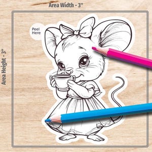 Coloring Stickers, Mouse Decal, Tea Party, Sticker, Cute Kids Stickers, Planner Sticker, Color Your Own Sticker