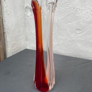 Red Murano Style Bud Vase, Hand Blown Stretch With Finger/Frilled Edging
