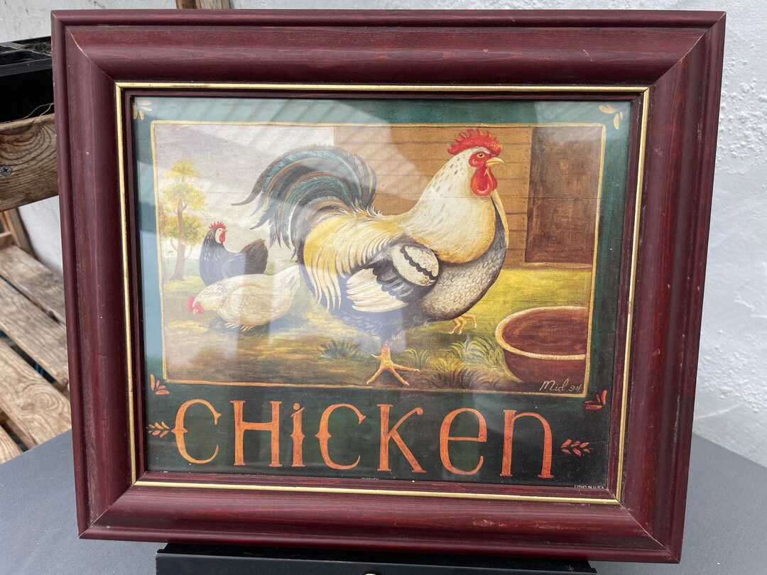1990s Vintage Rustic Farmhouse Kitchen Chicken,hen,cockerel Framed ...