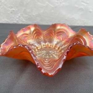 Fenton Carnival Glass &quot;Peacock Tail&quot; Feather Marigold Ruffled Small Bowl
