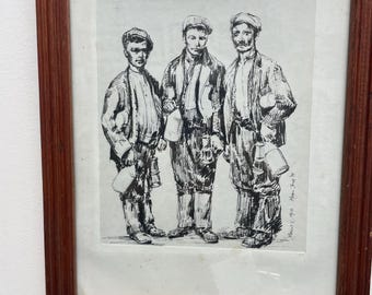 SELTENE Original-Federzeichnung von Megan Jones, 1980's, walisische Bergleute