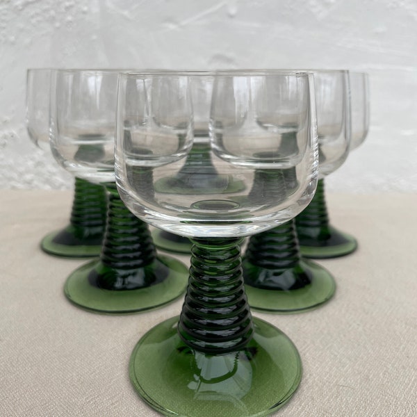 A set of six Vintage French green beehived stemmed wine glasses