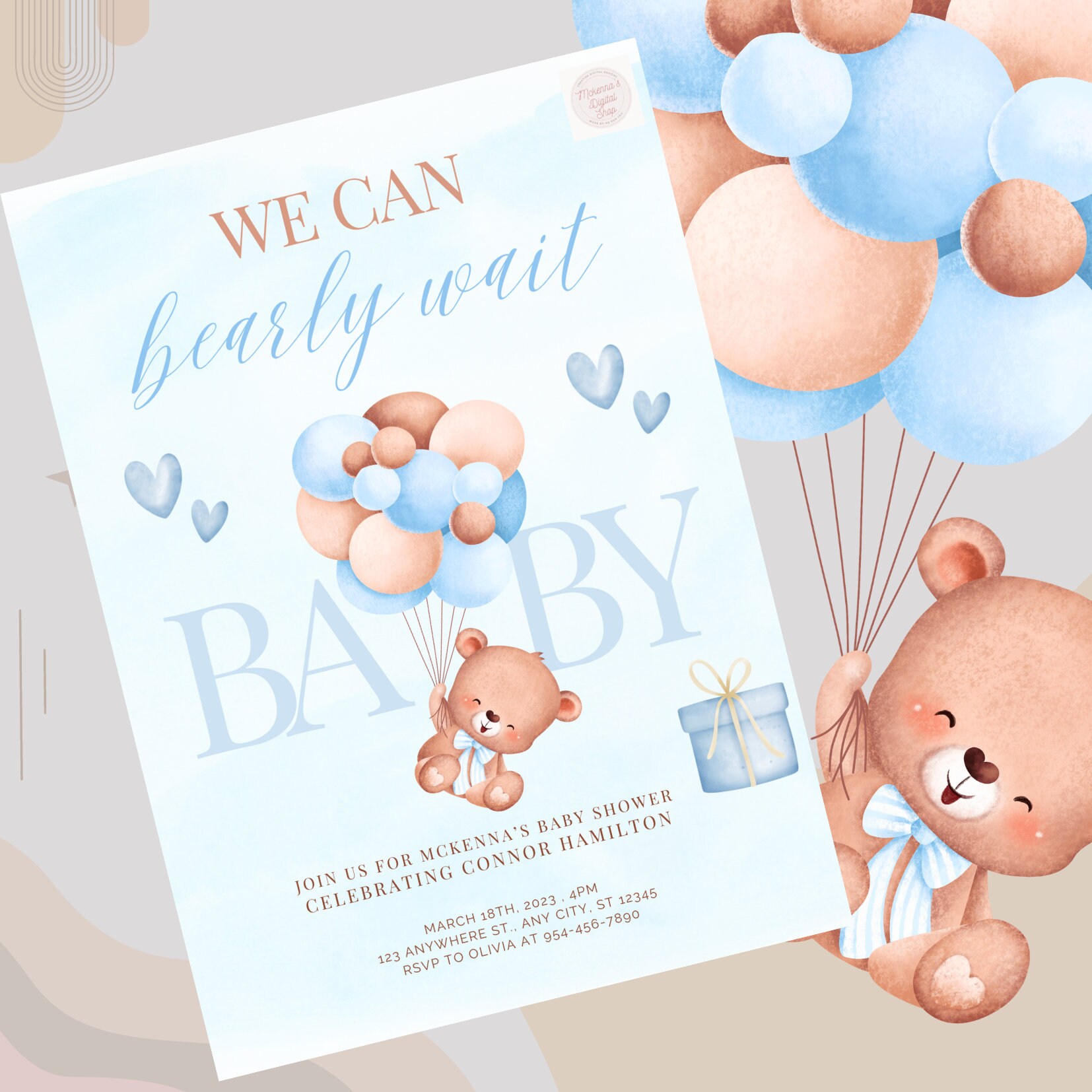 Personalized Digital Baby Shower Invitation Teddy Bear Baby Shower