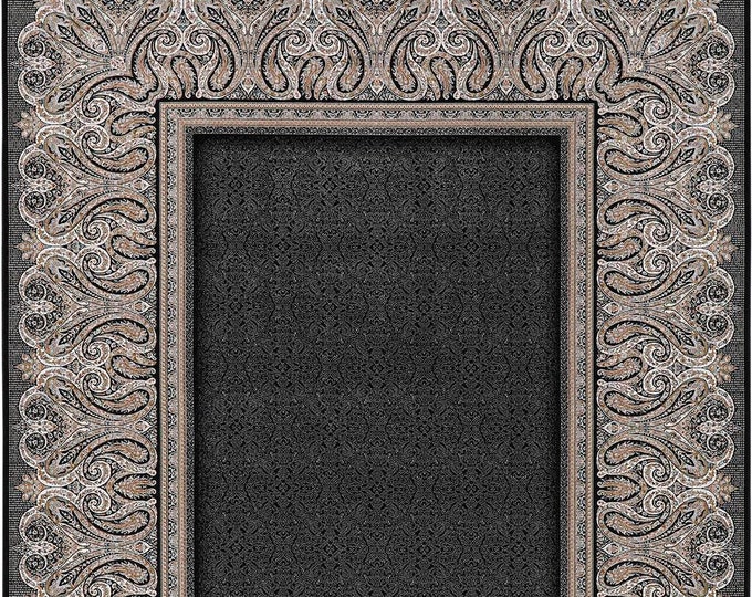 Black Viscose Rug: Classic Motif, Fringed Design