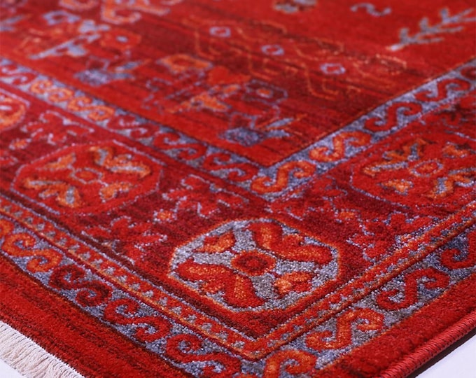 Vintage Burgundy Hand Woven Rug – Boho Patterned Carpet