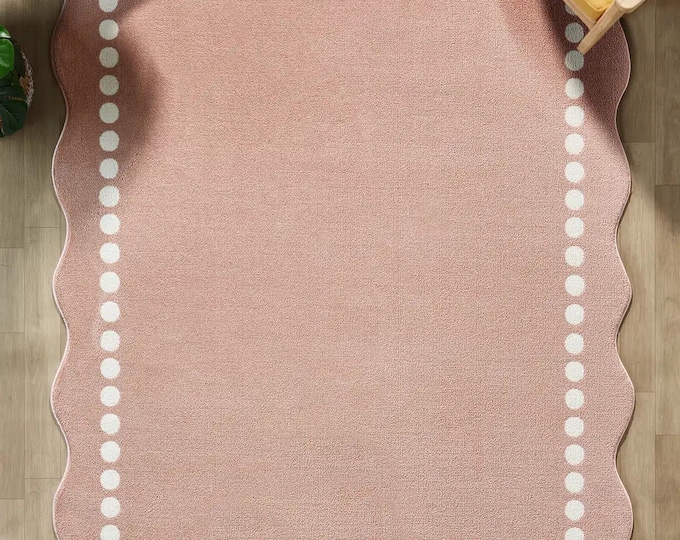 Pink Asymmetrical Cut-Edge Cream Dot Pattern Soft Modern Bedroom Carpet Children's Room Hypoallergenic Easy-Clean Living Room Carpet