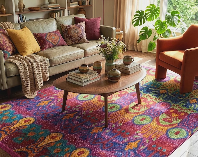 Ebru Art Traditional Red Carpet | Turkish-Inspired Vintage Carpet | Stain Resistant | Non-Allergenic | Robot Vacuum Cleaner Friendly