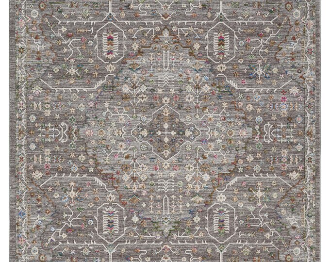 Gray Colored Turkish Motif Carpet - Vintage Multicolor Ethnic Patterned Dust and Lint Free Carpet