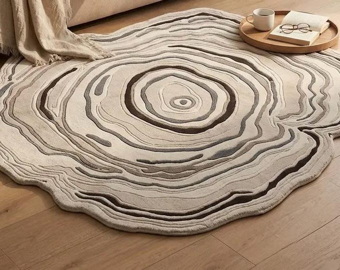 Organic Wood Grain Area Rug, Modern Abstract Nature Rug, Tree Ring Inspired Carpet, Neutral Beige Rug, Anti-Allergy Living Room Decor