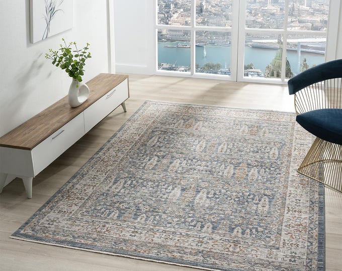 Vintage Blue Distressed Area Rug, Oriental Turkish Carpet