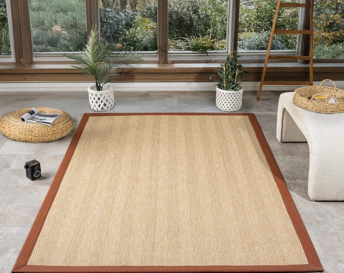 Handwoven Jute Rug with Brown Border – Eco-Friendly Turkish Carpet