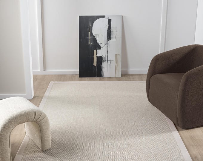 Natural Jute Area Rug with Fabric Border – Pet Friendly, Stain Resistant, Durable Woven Carpet