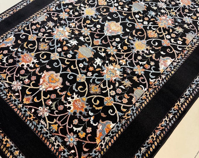 Black Floral Rug – Traditional Oriental Non-Shedding Carpet